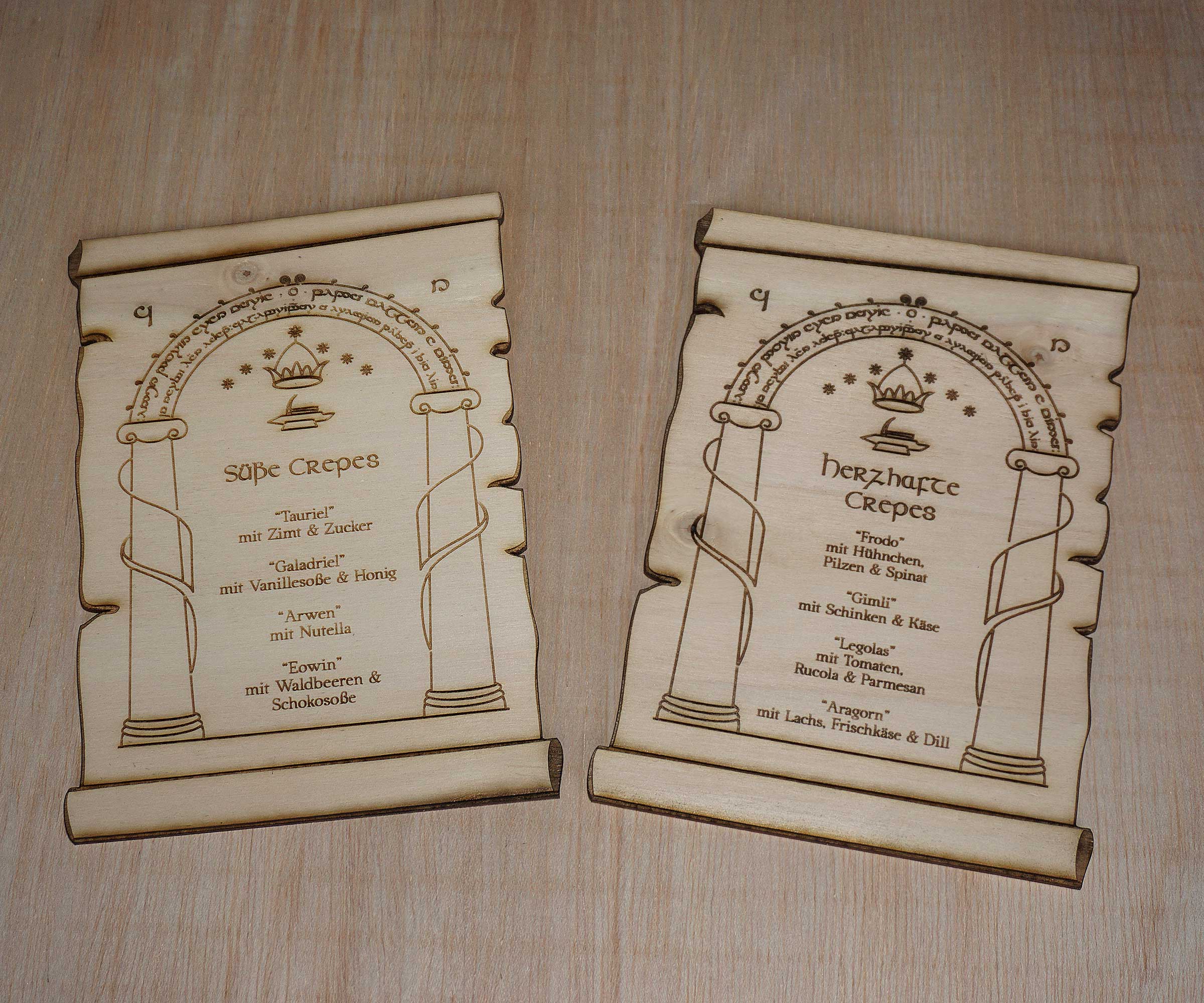 Gelaserte Menükarten für eine Hochzeit